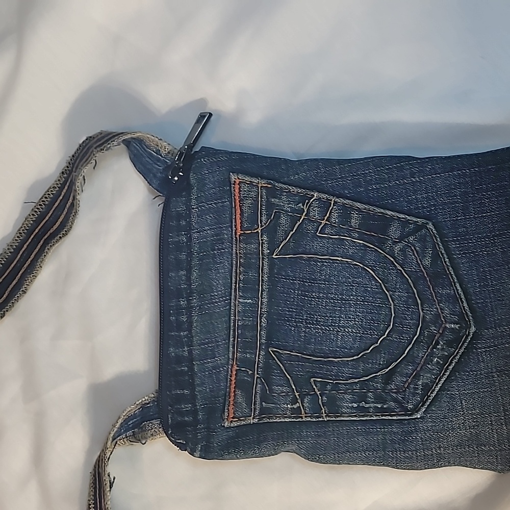 Denim cross body purse made from upcycled True Religion Jeans